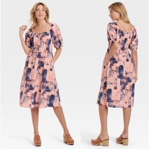 Universal Thread Brushstroke Midi Dress Puff Sleeve Peasant Style Size M